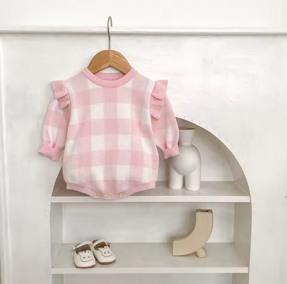 Pink check frill romper