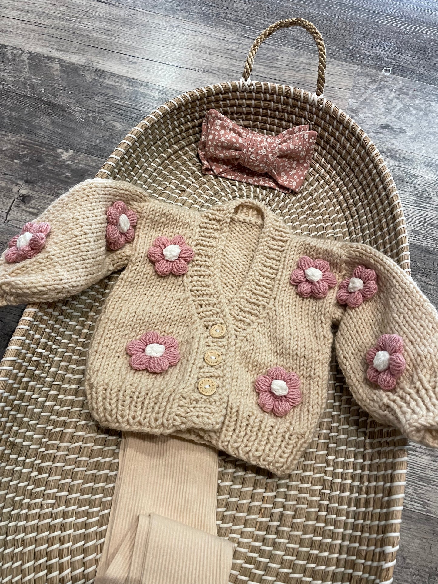 Chunky hand knitted beige flower cardigan