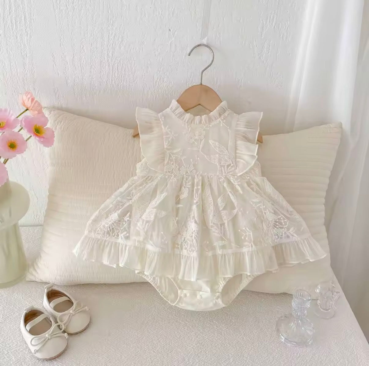 Cream embroidered frill baby romper