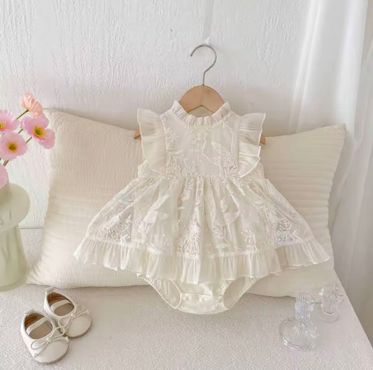 Cream embroidered frill baby romper