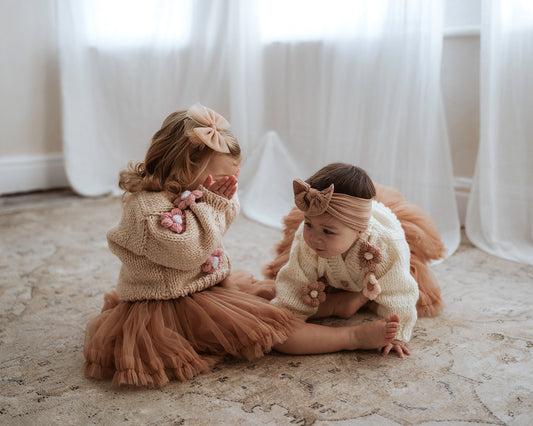 Chunky hand knitted beige flower cardigan