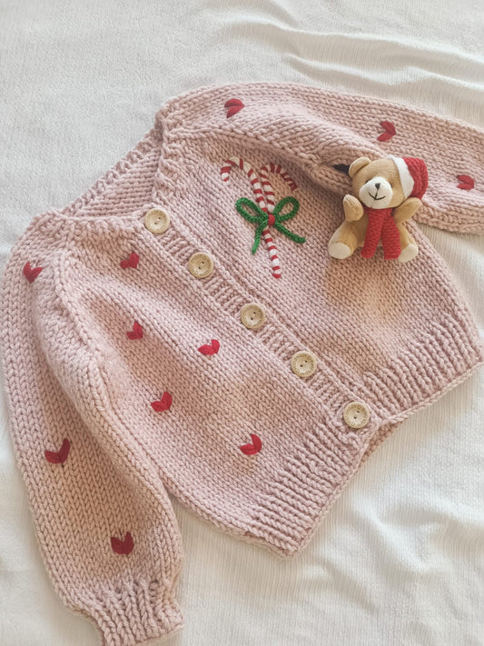 Handmade Candy cane with hearts cardigan - PREORDER