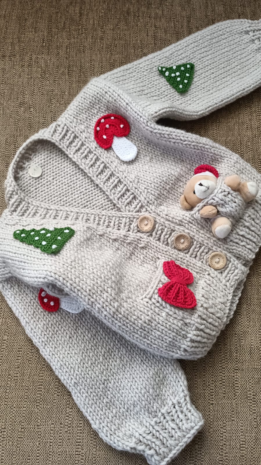 Handmade Christmas teddy and tree cardigan - PREORDER
