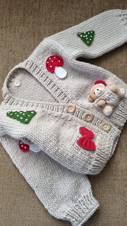Handmade Christmas teddy and tree cardigan - PREORDER