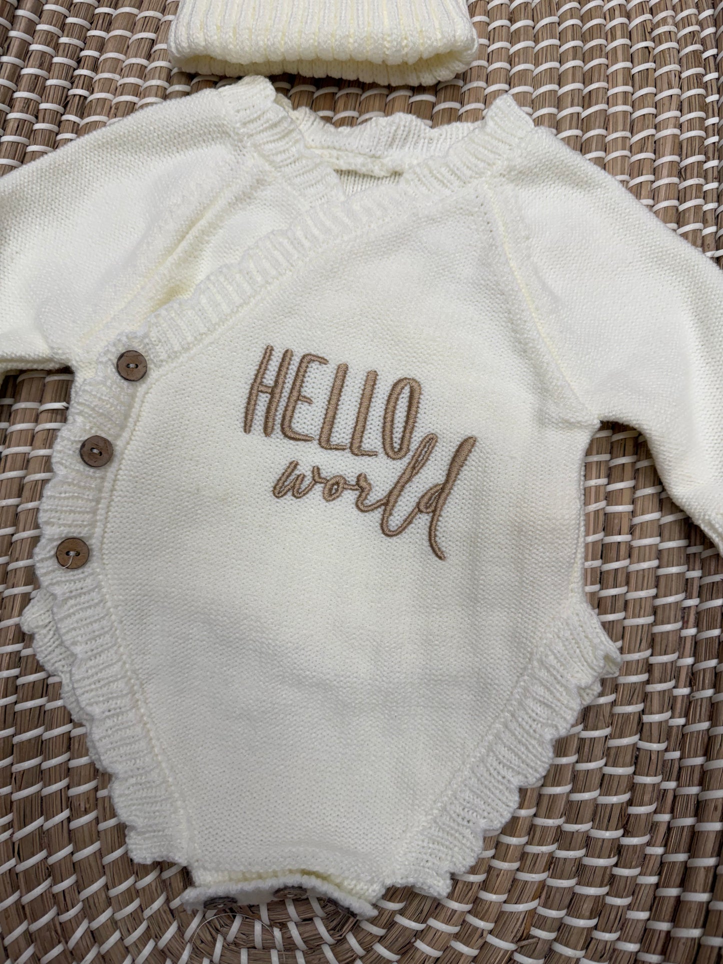 Hello World side tie romper and hat set