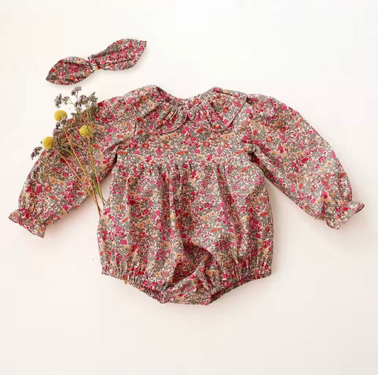 Red floral romper with matching headband