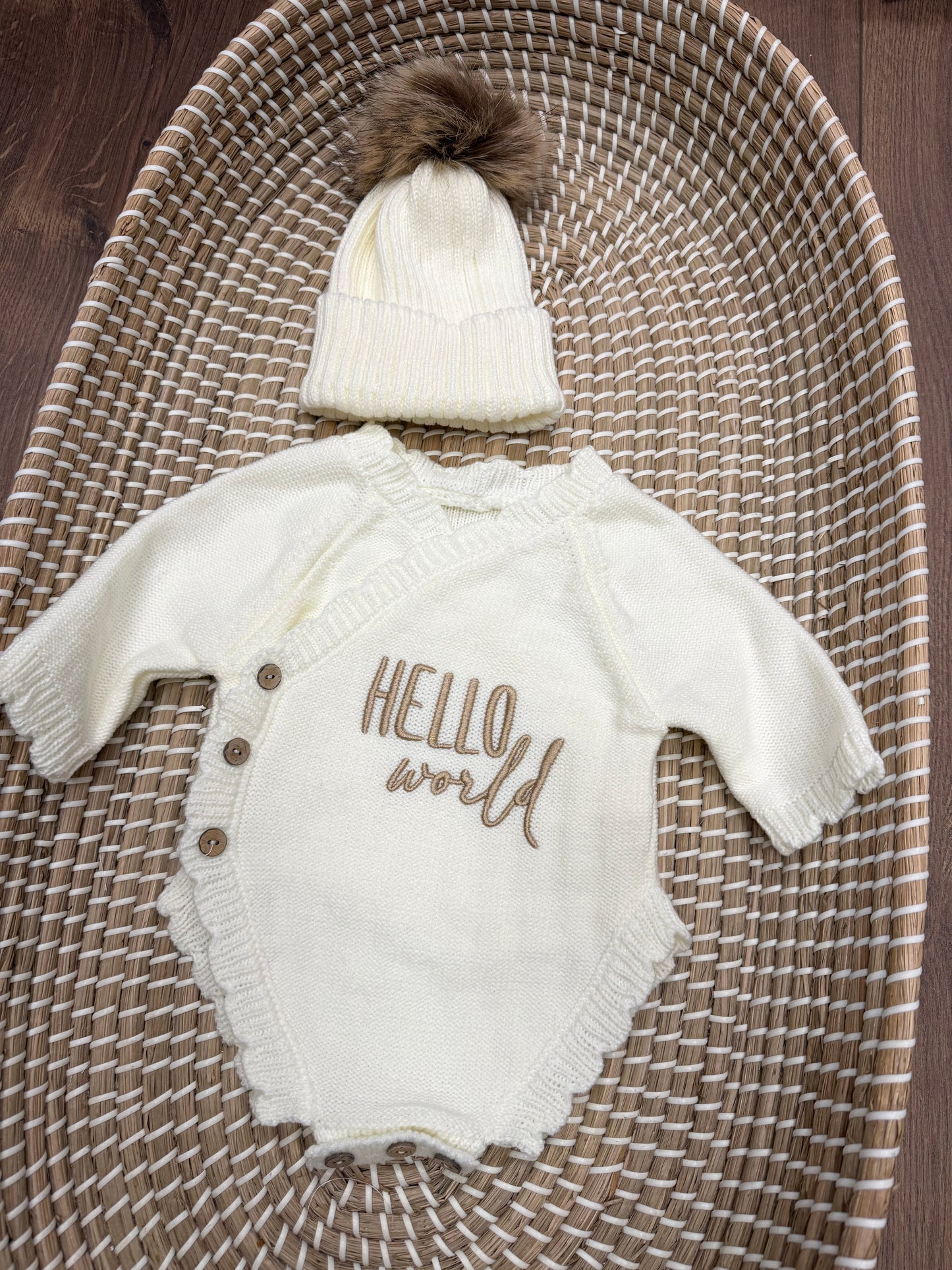 Hello World side tie romper and hat set