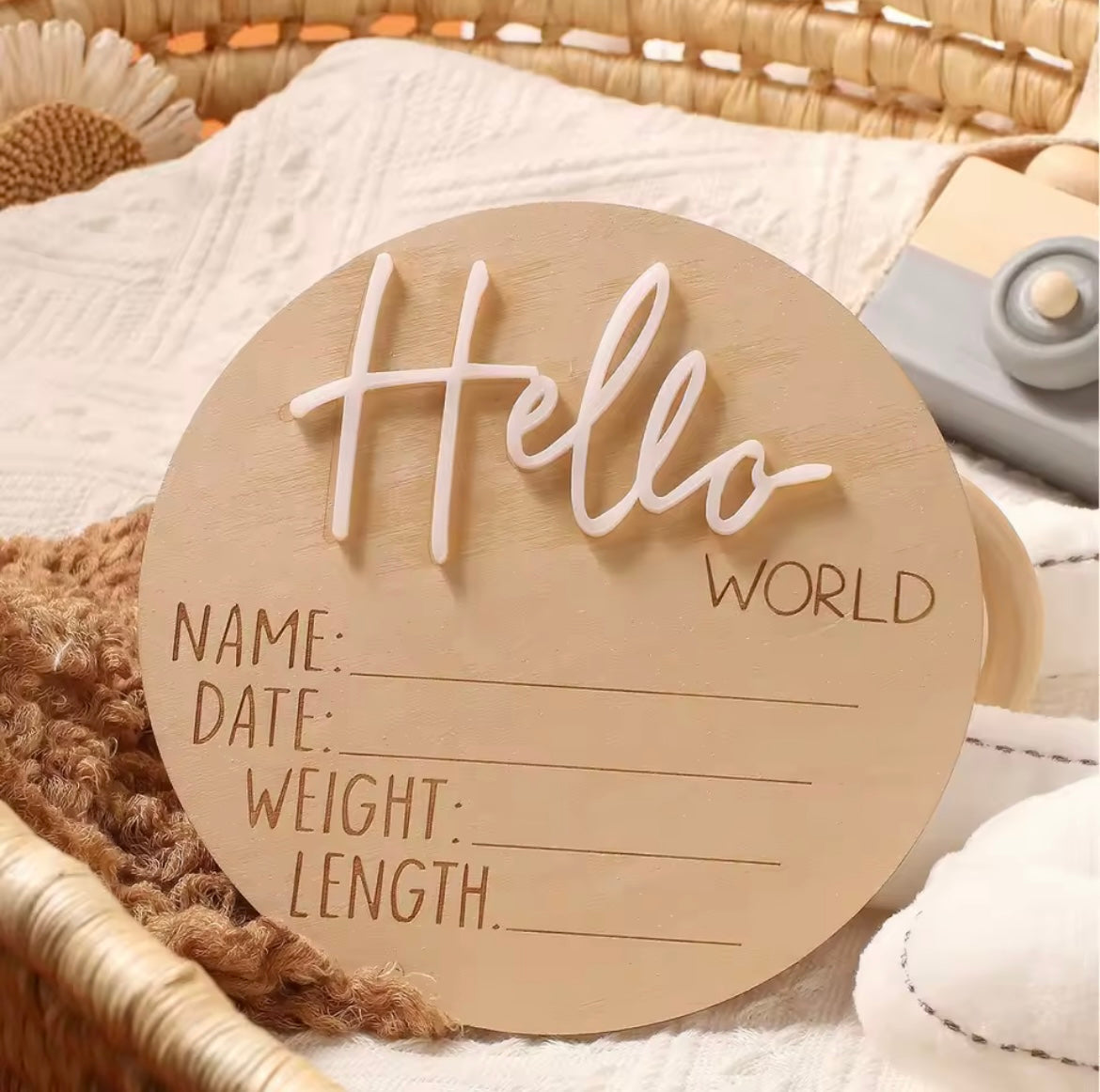 Hello World wooden announcement disc