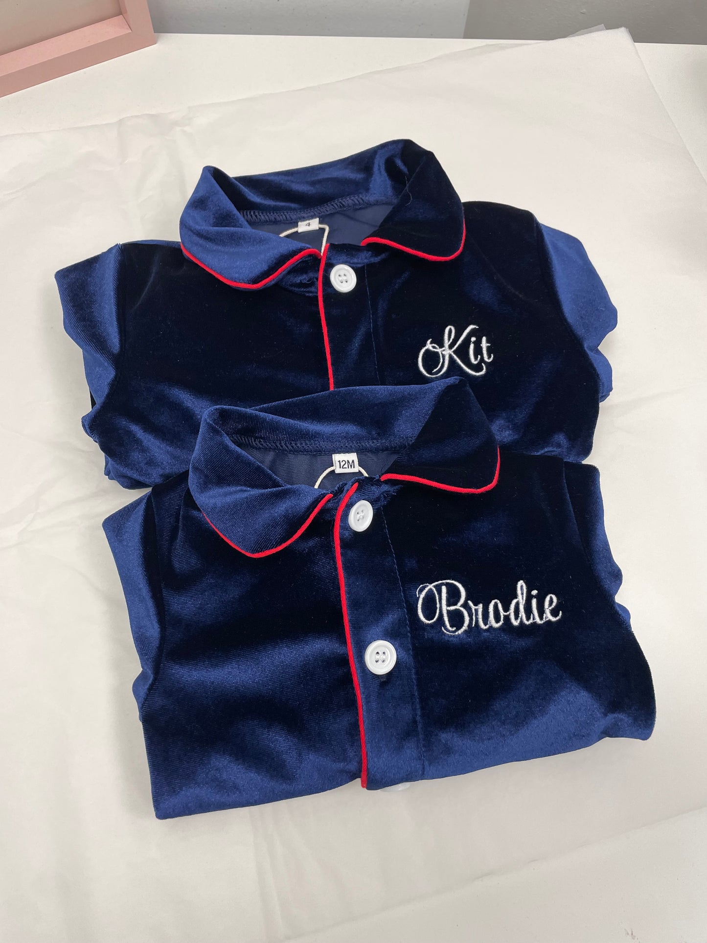 Personalised luxury blue velvet boys pyjamas