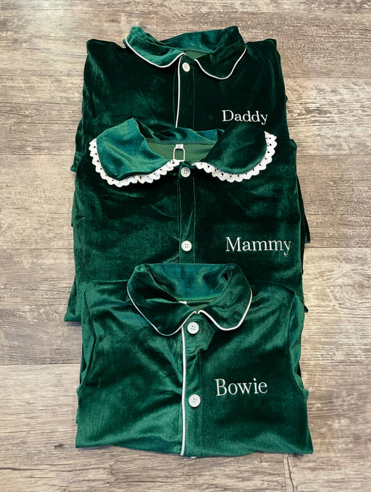 Personalised luxury green velvet girls pyjamas