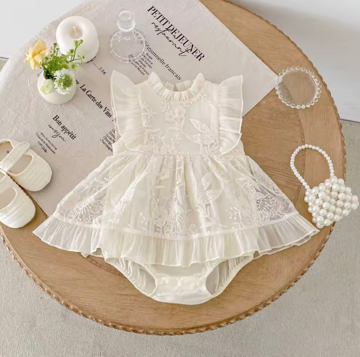 Cream embroidered frill baby romper