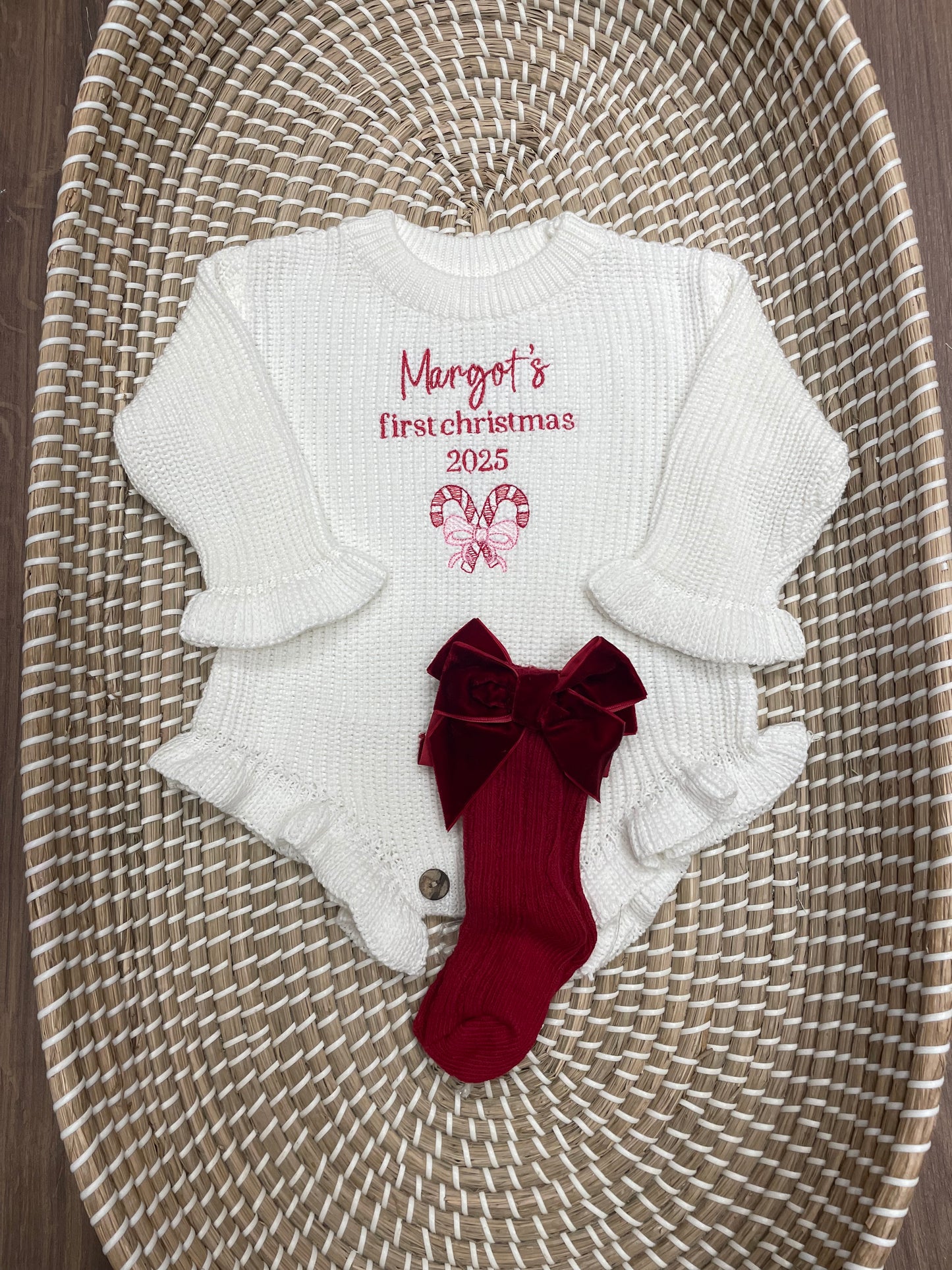 Personalised knitted frill Christmas romper