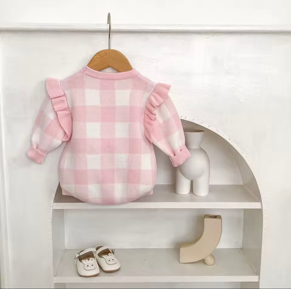Pink check frill romper