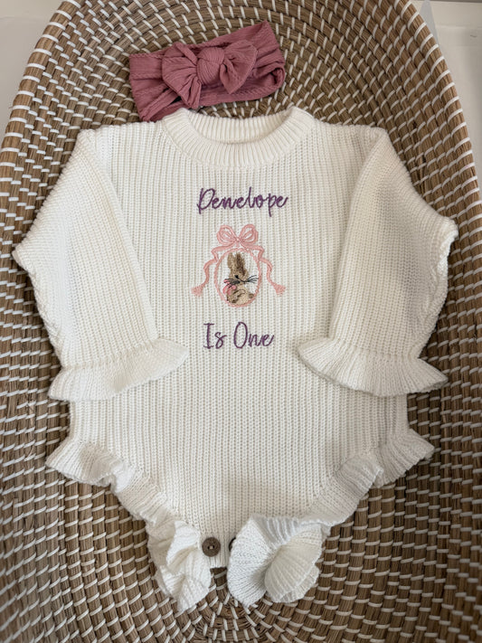 Personalised knitted frill romper