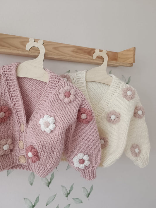 Handmade pink cardigan with pink and white flowers (PREORDER)