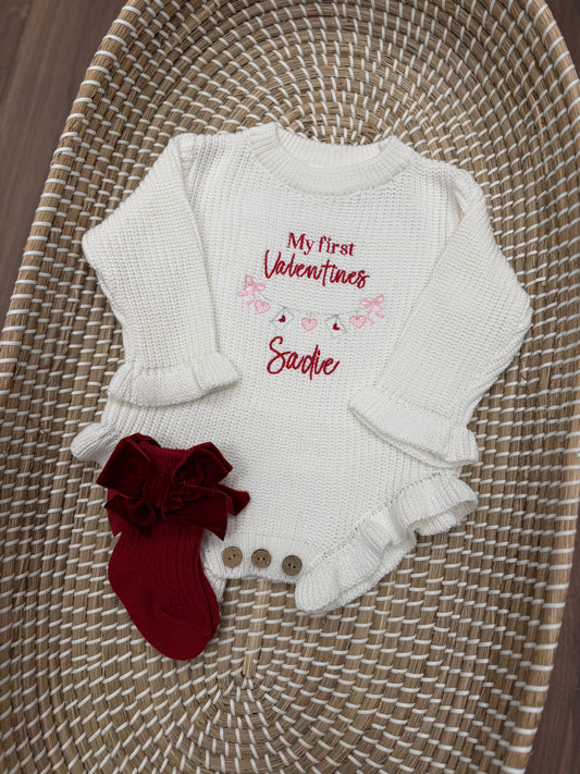 Personalised knitted frill Valentines romper