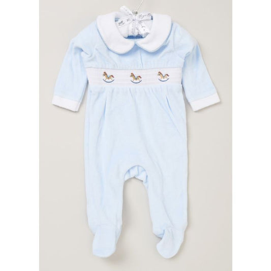 Blue rocked horse smocked velour sleepsuit