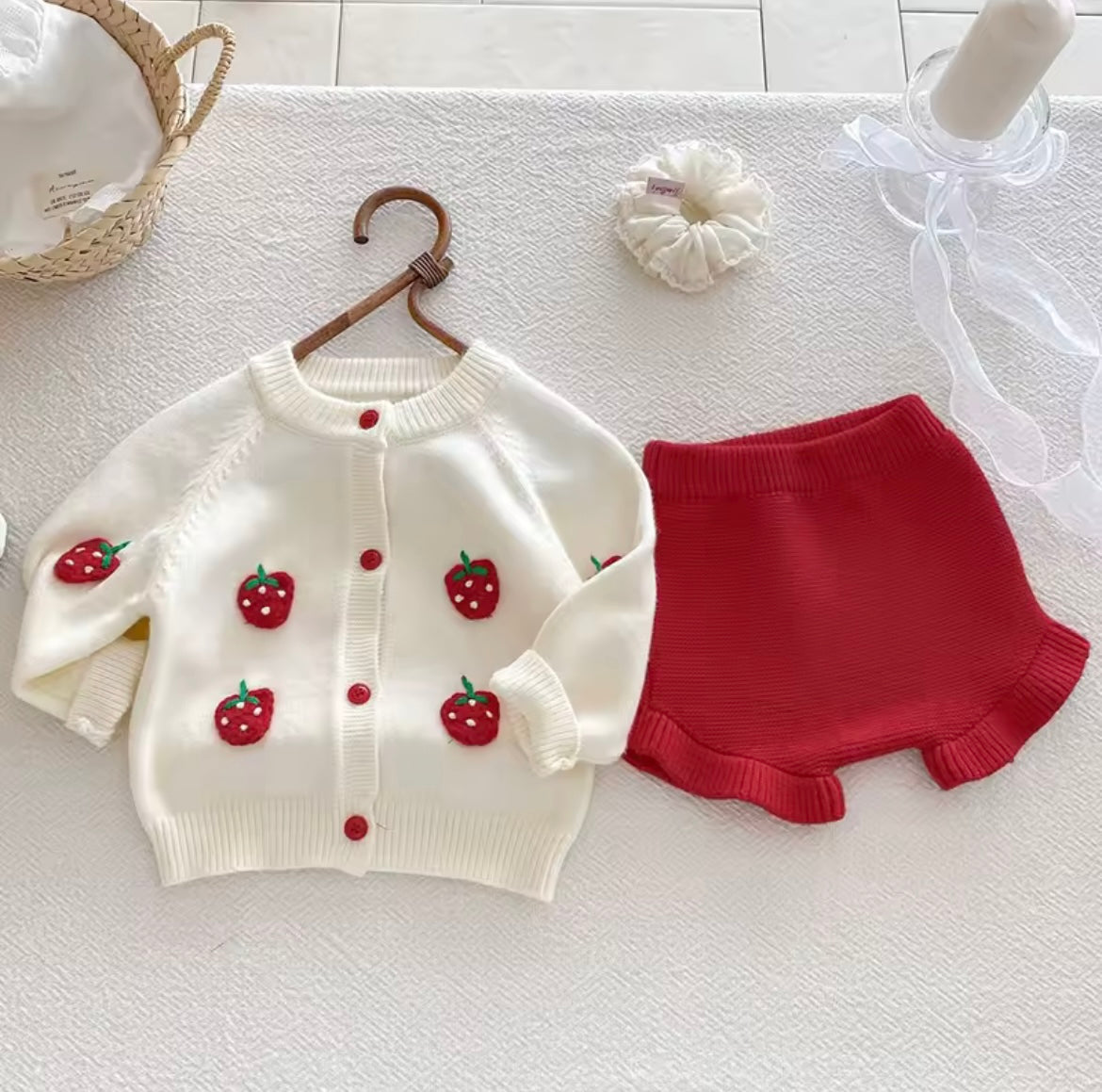 Strawberry cardigan and shorts set