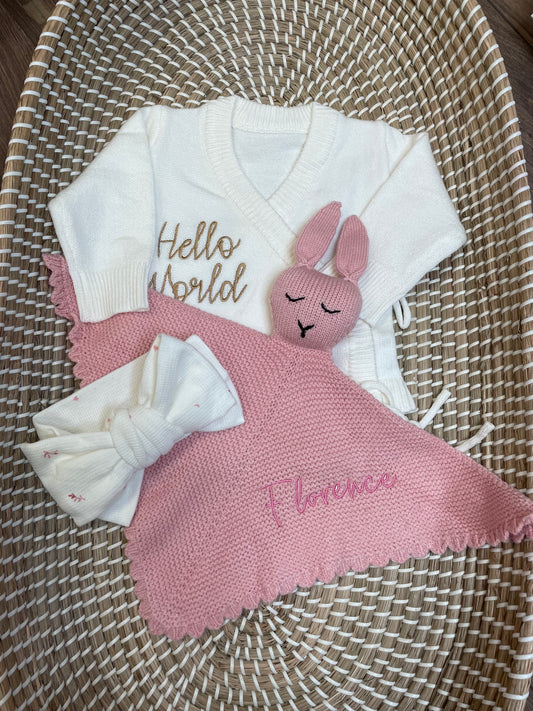 Personalised knitted bunny comforter