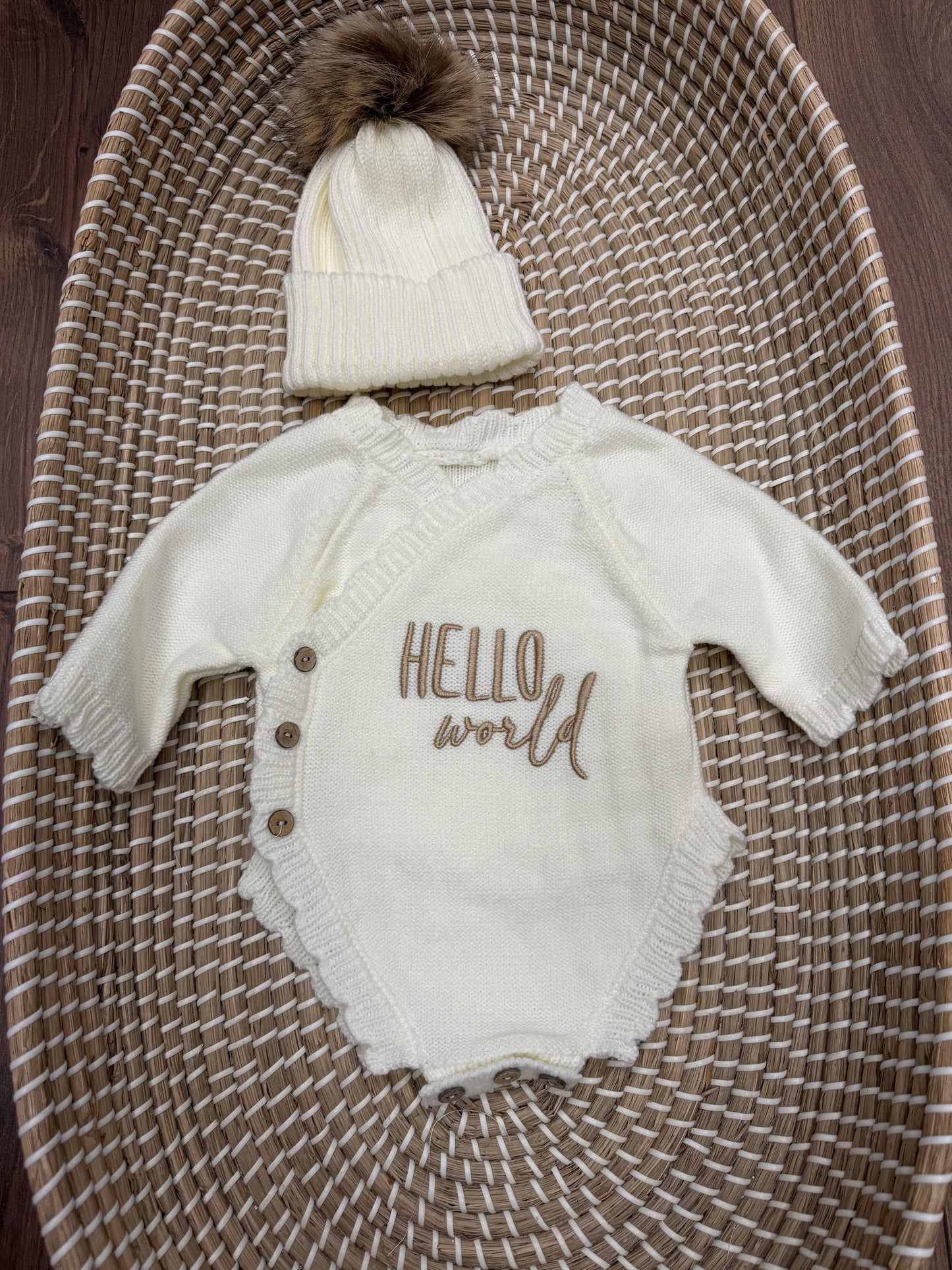 Hello World side tie romper and hat set