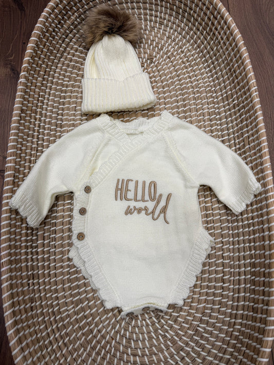 Hello World side tie romper and hat set