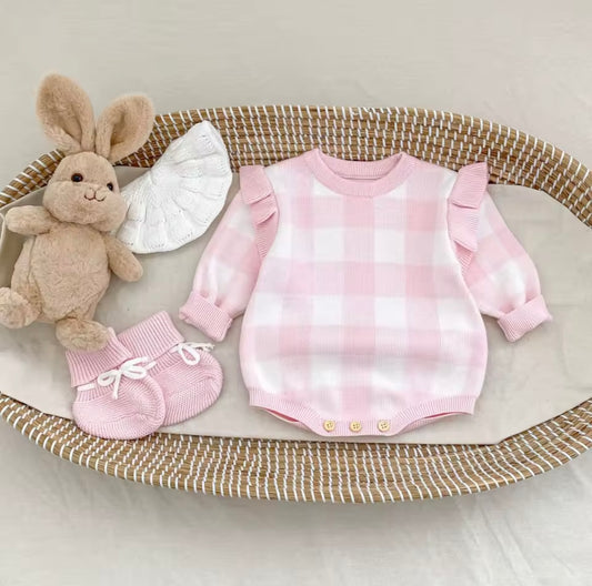 Pink check frill romper