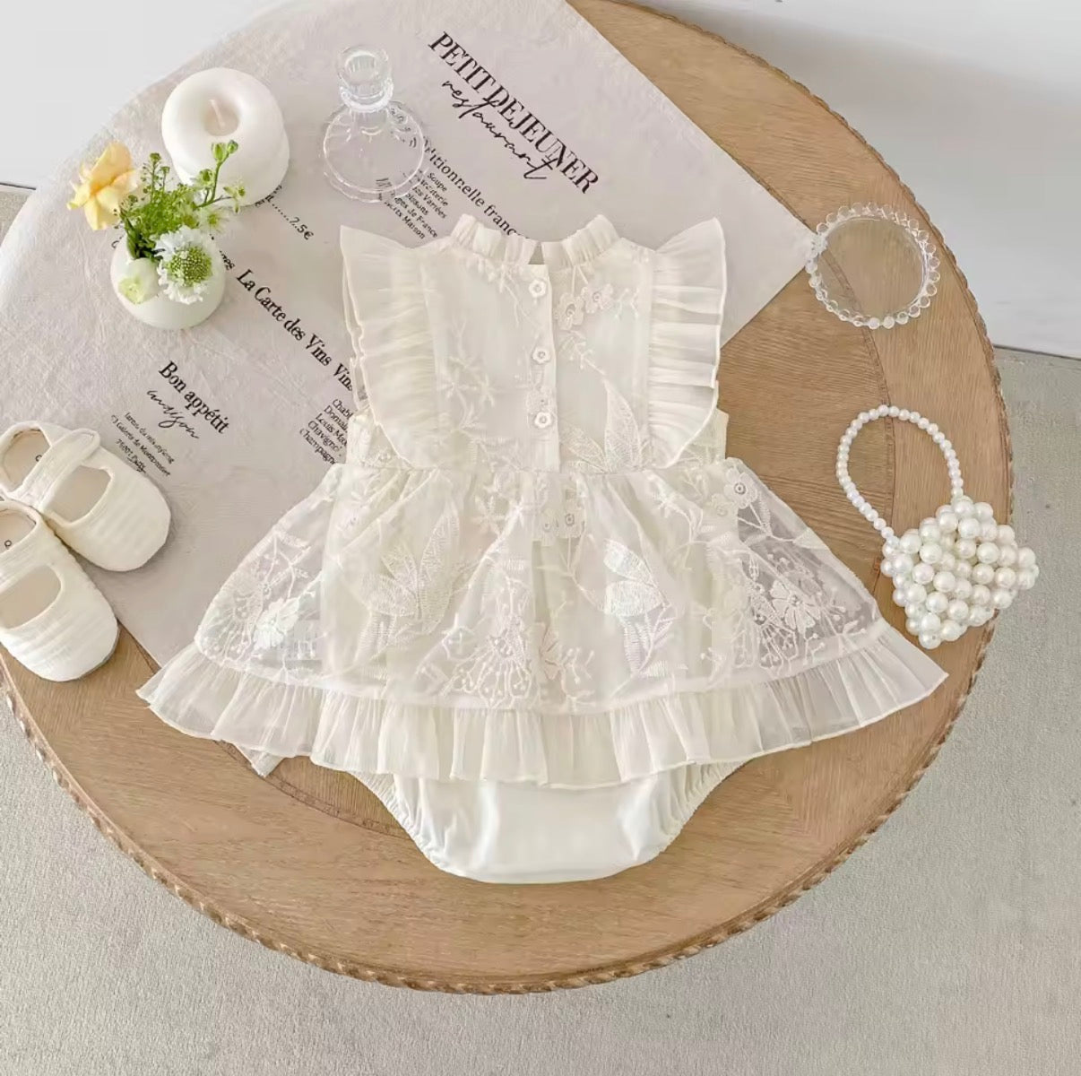 Cream embroidered frill baby romper