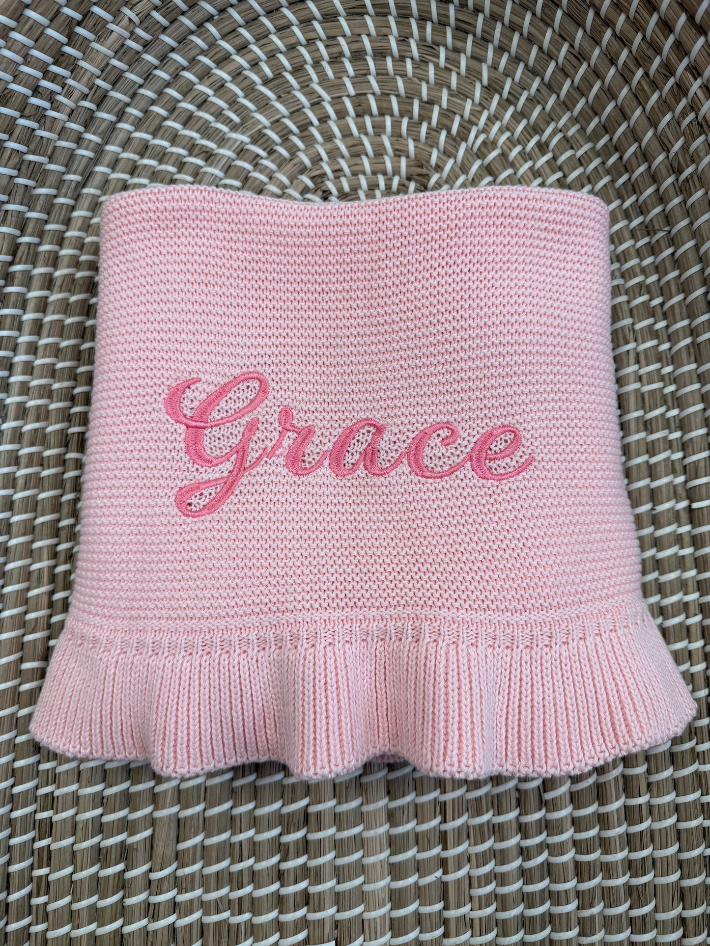 Personalised knitted frill blanket