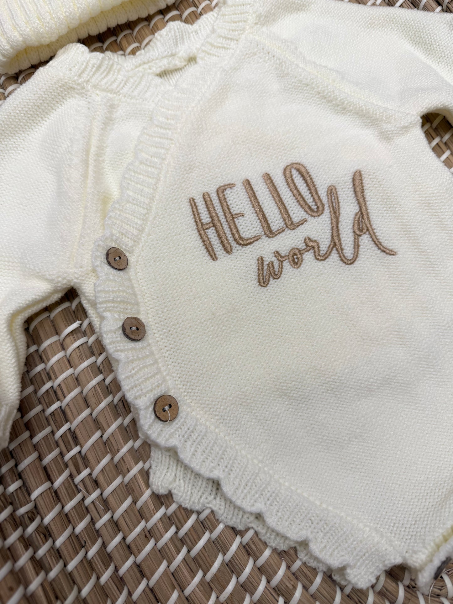 Hello World side tie romper and hat set