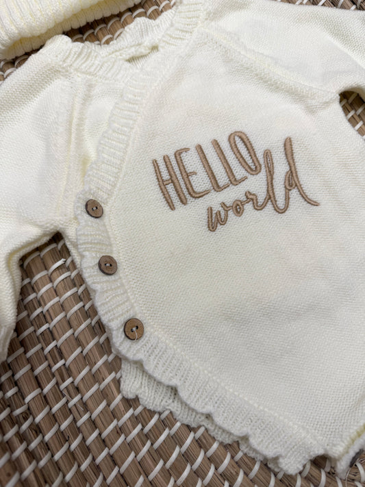 Hello World side tie romper and hat set