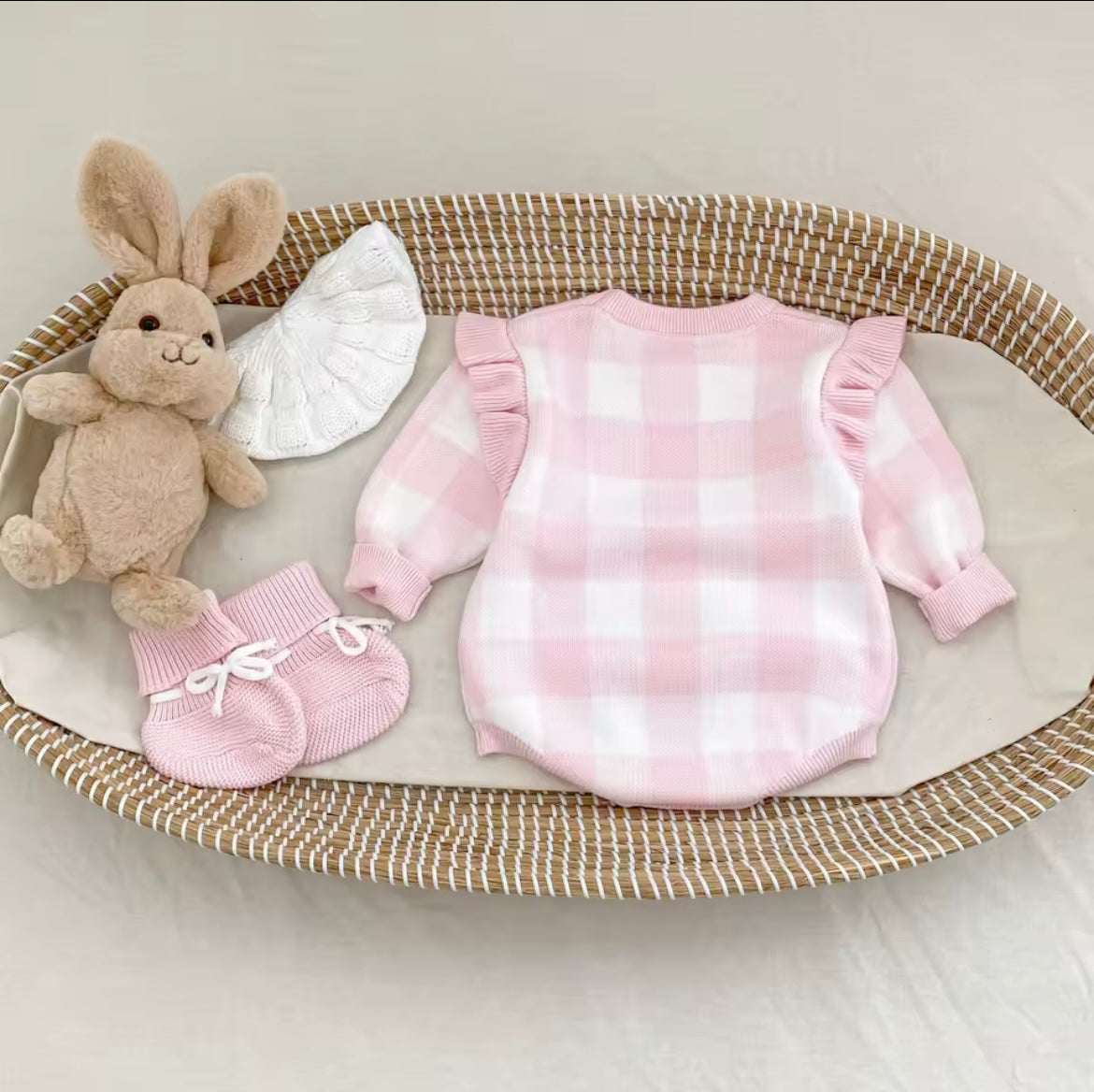 Pink check frill romper