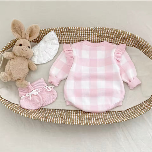 Pink check frill romper