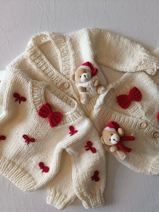 Handmade Christmas teddy and bow cardigan