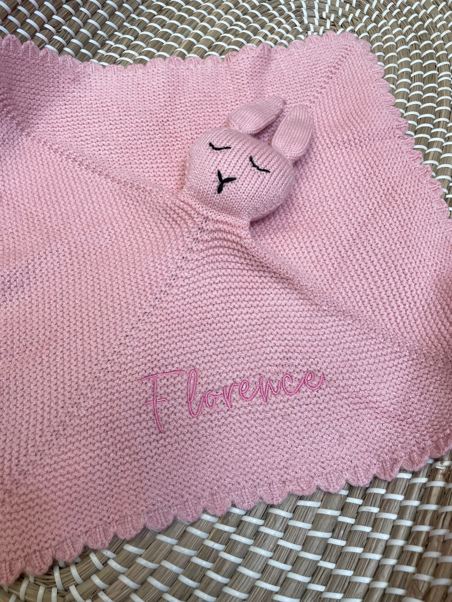 Personalised knitted bunny comforter