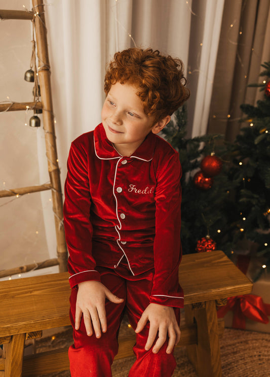 Personalised luxury red velvet boys pyjamas