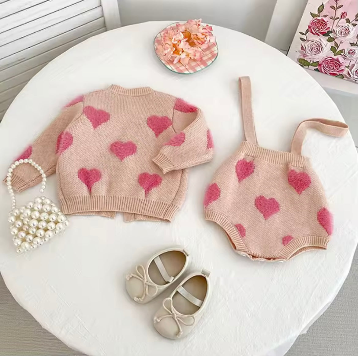 Pink Hearts romper and cardigan set