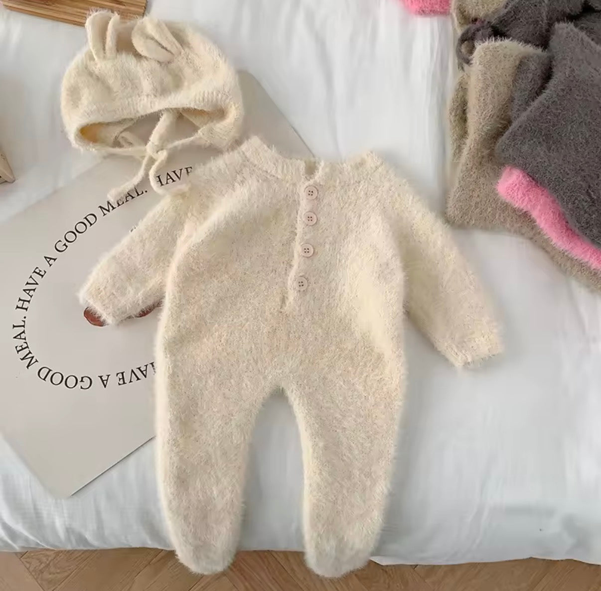 New born fluffy onesie with matching hat