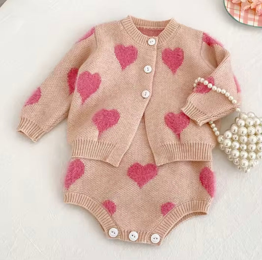 Pink Hearts romper and cardigan set
