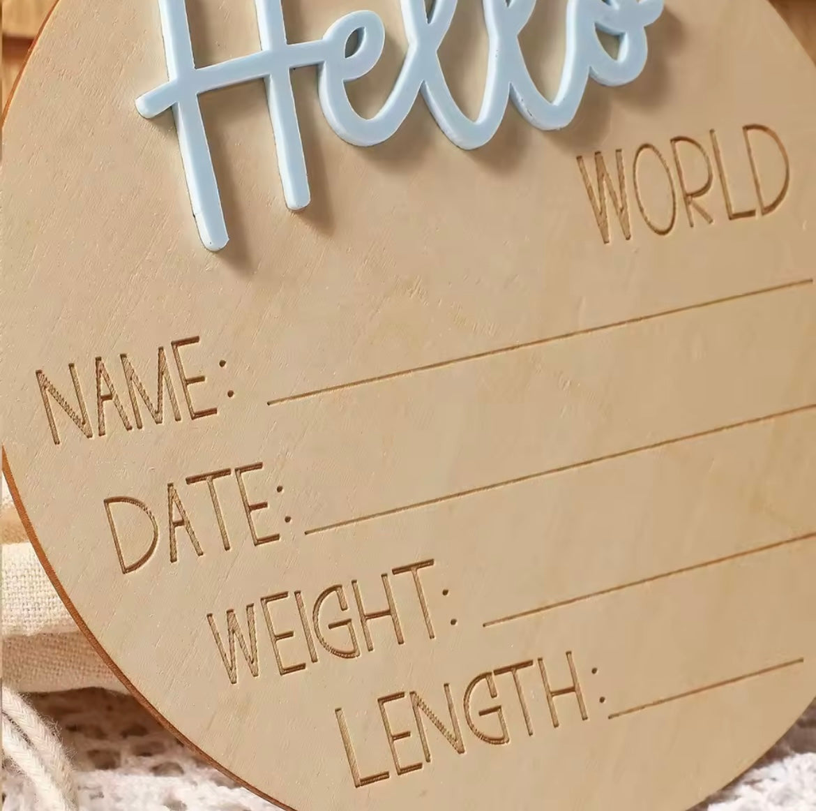 Hello World wooden announcement disc