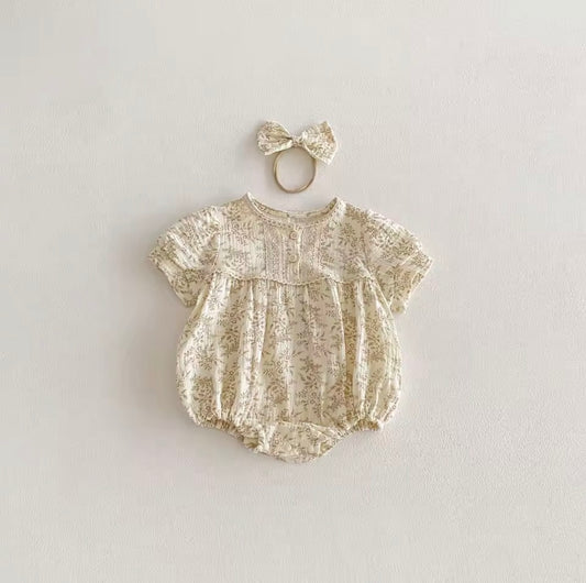 Beige floral vintage romper with matching bow