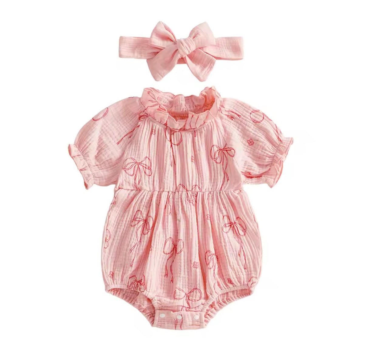 Pink bow print romper and headband