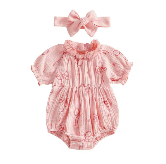 Pink bow print romper and headband