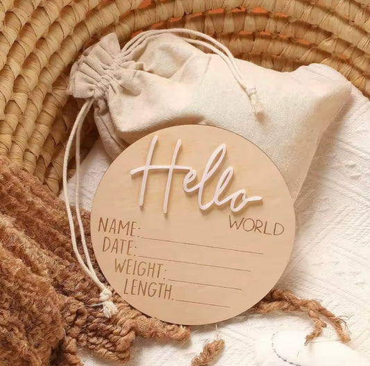 Hello World wooden announcement disc