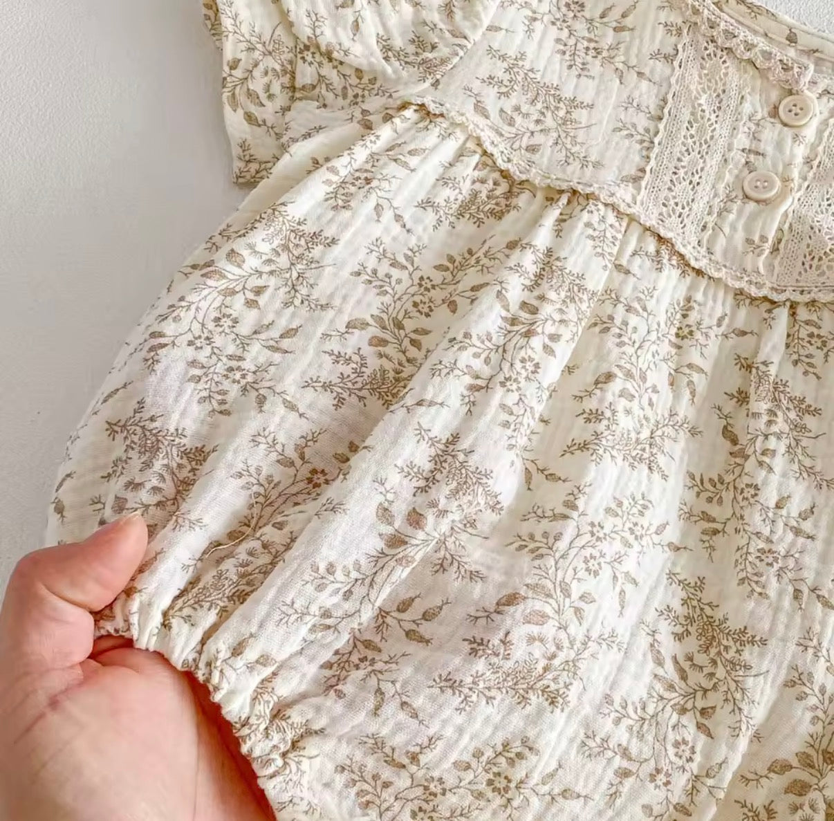 Beige floral vintage romper with matching bow