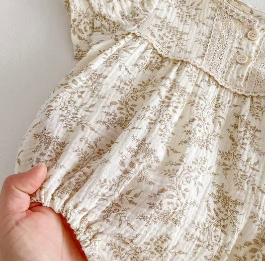Beige floral vintage romper with matching bow