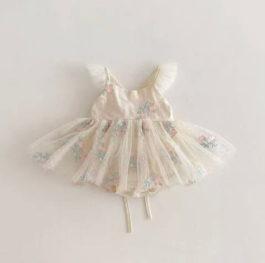 Floral tulle romper - white