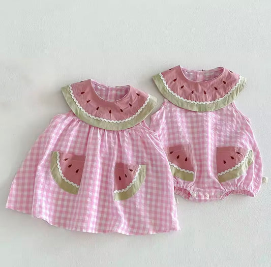 Pink check watermelon romper/dress