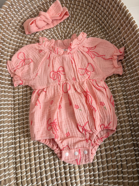 Pink bow print romper and headband
