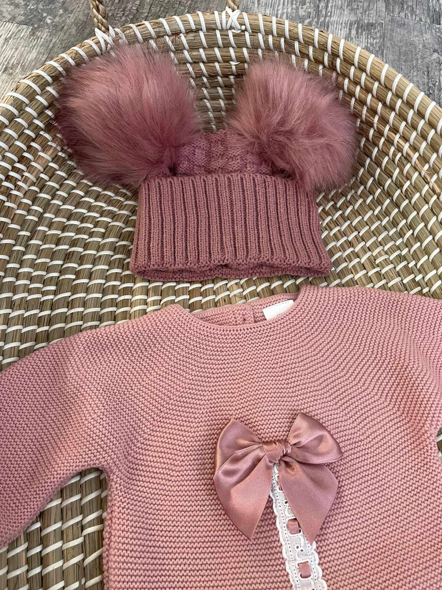 Personalised dusty rose fluffy double pom pom hat