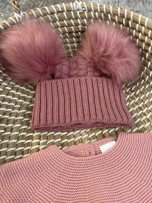 Personalised dusty rose fluffy double pom pom hat